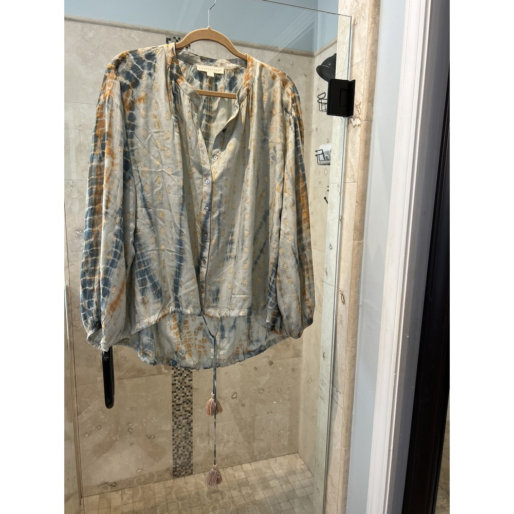 Love Stitch Blue Brown Oversized Boho Peasant Blouse Gold Dots M I-12859W-QWN